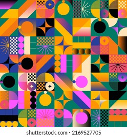 Pop Art style seamless pattern graphics with weird and bizarre motif aesthetics, built with a generative design approach and minimalist geometric forms and abstract vector shapes.