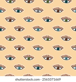 Pop Art style seamless pattern with multicolored eyes on beige background.Contours of human eyes with green, brown, blue pupils.Graphic design for printing on fabric and paper.Vector illustration.