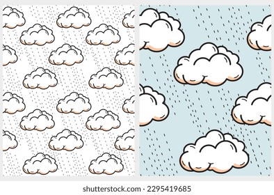 Pop Art Style Seamless Vector Patterns with White Fluffy Clouds. Hand Drawn Comic Clouds and Drops of Rain isolated on a White and Pastel Blue Background.Cute Cloudy Repeatable Print ideal for Fabric.