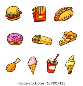 Pop art style set of fast food illustrations. Hamburger, donut, chicken legs, french fries, ice cream, hot dog, burritos and pizza. Comic book style vector stickers, pins, patches