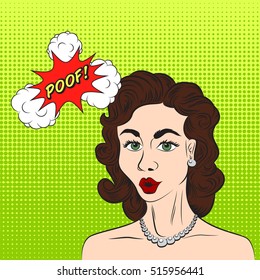 Pop art style sketch of beatiful brunette woman saying POOF! with halftone pattern on background.