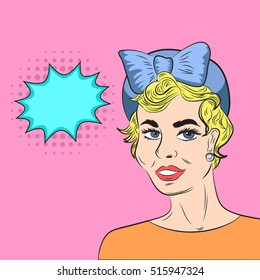 Pop art style sketch of beautiful blonde hair woman with bubble speech template for text on pink background