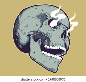 Pop Art Style Skull With Smoking Eyes. Green skull on yellow background. Vector print design.