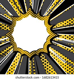 Pop art style speech bubble design on halftone rays background. Effect motion lines for comic book and manga. Rays with effect explosion. Text banner. Comics pop-art style template for your design