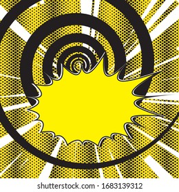 Pop art style speech bubble design on halftone rays background. Effect motion lines for comic book and manga. Rays with effect explosion. Text banner. Comics pop-art style template for your design