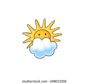Pop art style the sun behind the cloud patch badge. Vector sticker, pin, patch, illustration in cartoon 80s-90s comic style
