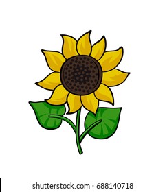 Pop art style sunflower patch badge. Vector sticker, pin, patch, illustration in cartoon 80s-90s comic style
