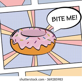 Pop art style sweet yummy delicious donut illustration with icing, cream and sprinkles. For poster, web, print.