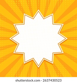 Pop art style template with blank geometric shape for text. Comic background with halftone, rays and dots. Vector illustration