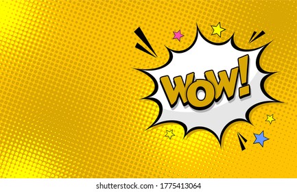 Pop art Style Vector Background. with Wow Text speech bubble and stars comic on Yellow halftone background.