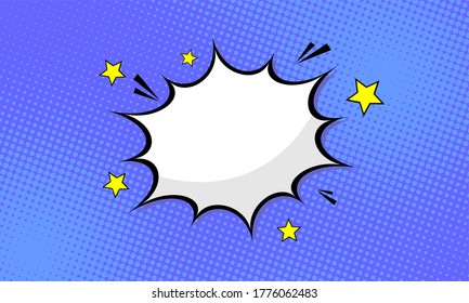 Pop art Style Vector Background. with blank speech bubble and stars comic on blue halftone background.