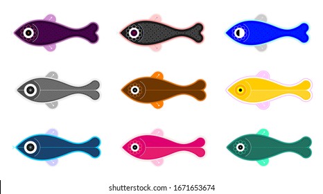 Pop art style vector illustration of Decorative Fish. Colorful Fish vector icon set isolated on a white background. Collage of similar fish designs in different colors.