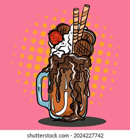 Pop art style vector illustration of the milkshake. Comics cartoon hand drawn vector illustration. Vector template.