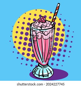 Pop art style vector illustration of the milkshake. Comics cartoon hand drawn vector illustration. Vector template.