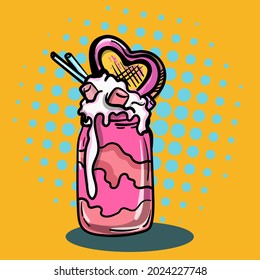 Pop art style vector illustration of the milkshake. Comics cartoon hand drawn vector illustration. Vector template.