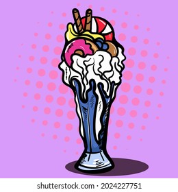 Pop art style vector illustration of the milkshake. Comics cartoon hand drawn vector illustration. Vector template.