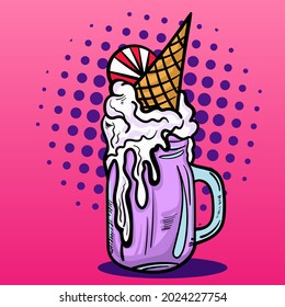 Pop art style vector illustration of the milkshake. Comics cartoon hand drawn vector illustration. Vector template.