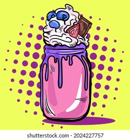 Pop art style vector illustration of the milkshake. Comics cartoon hand drawn vector illustration. Vector template.