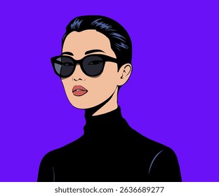Pop art style vector illustration of a stylish woman with short dark hair and sunglasses, wearing a black turtleneck. Modern fashion character, chic confident look, and vibrant graphic design.