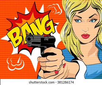 Pop art style vector illustration.  Woman with gun.