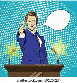 Pop art style vector illustration, speaker behind tribune