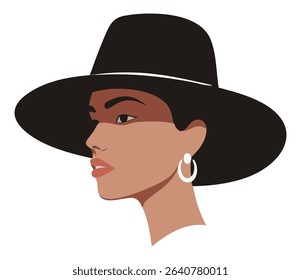 Retrato de vetor estilo pop arte de uma mulher elegante de perfil, vestindo um chapéu preto grande e brincos de aro. Este gráfico arrojado oferece um visual chique e moderno. Perfeito para moda ou beleza