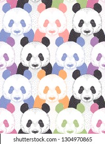 pop art style vector seamless pattern with cute colourful panda portrait