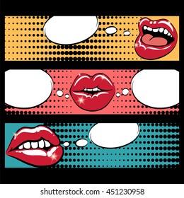 Pop art style web banners with mouth speech bubbles and halftone effects. Vector illustration