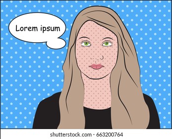 pop art style woman in black t-shirt with bubble