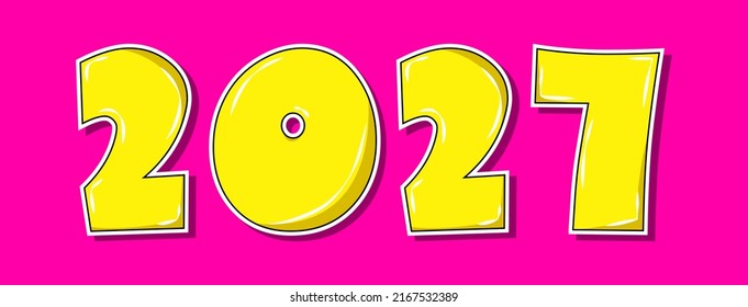 Pop art style yellow 2027 year on pink background. Vector illustration