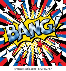 Pop Art styled cartoon BANG! text design with halftone effects on a burst background.