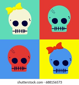 Pop art styled flat vector illustration of cute skulls.  Could be also used as Day of the Dead sugar Skulls or as halloween spooky couple. 