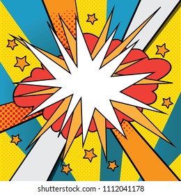 Pop art styled speech bubble template for your design. Comics pop-art style empty bang shape on a multi color halftone. Vector illustration.