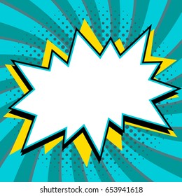 Pop art styled speech bubble template for your design. Comics pop-art style empty bang shape on a blue twisted background. Vector illustration. Ideal for web banners