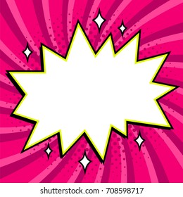 Pop art styled speech bubble template for your design. Comics pop-art style empty bang shape on a purple twisted background. illustration. Ideal for web banners. Vector illustration