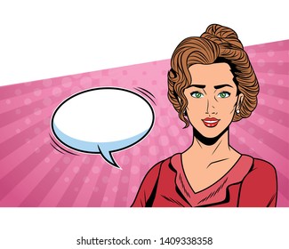 Pop art stylish businesswoman with speech bubble in dress and comic panel background vector illustration graphic design