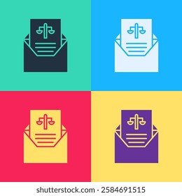 Pop art Subpoena icon isolated on color background. The arrest warrant, police report, subpoena. Justice concept.  Vector Illustration