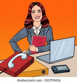 Pop Art Successful Business Woman at Office Work with Laptop. Vector illustration
