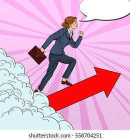 Pop Art Successful Business Woman Walking to the Top through the Clouds. Vector illustration