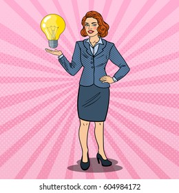 Pop Art Successful Business Woman with Creative Idea Light Bulb. Innovation. Vector illustration