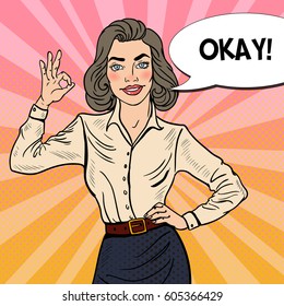 Pop Art Successful Business Woman Gesturing OK. Vector illustration
