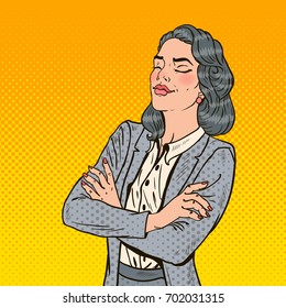 Pop Art Successful Business Woman With Her Eyes Closed. Vector Illustration