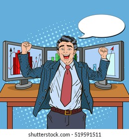 Pop Art Successful Businessman with Computers and Graphs of Growing Market Shares. Vector illustration 