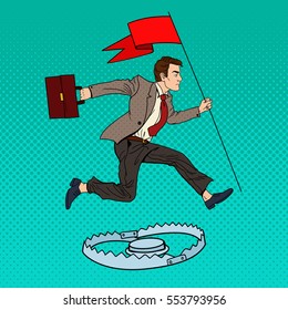 Pop Art Successful Businessman with Flag Jumping Over the Trap. Vector illustration