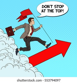 Pop Art Successful Businessman with Flag Running to the Top. Business Motivation Leadership. Vector illustration