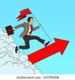 Pop Art Successful Businessman with Flag Running to the Top. Business Motivation Leadership. Vector illustration