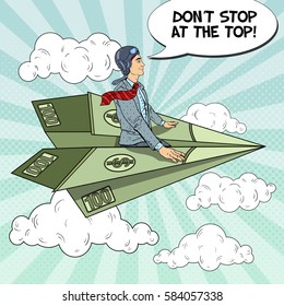 Pop Art Successful Businessman Flying on Dollar Paper Plane. Vector illustration