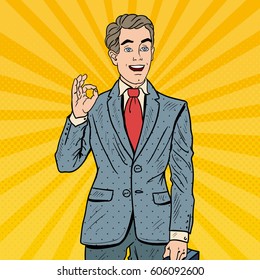 Pop Art Successful Businessman Gesturing OK. Business Success. Vector illustration