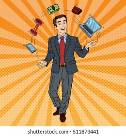 Pop Art Successful Businessman Juggling Computer, Phone and Money. Vector illustration