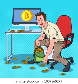Pop Art Successful Businessman Put Bitcoins in Backpack. Crypto Currency, Virtual Money Technology. Vector illustration